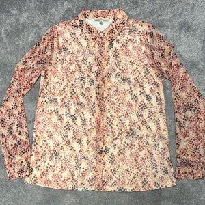 Abstract Patterned Shirt in peach, wine, and brown tones